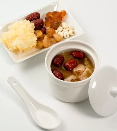 Double Boiled Peach Jelly with Lotus Seeds & White Fungus