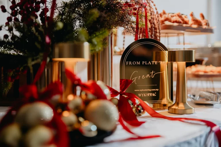 Christmas buffet table with gold and red decorations